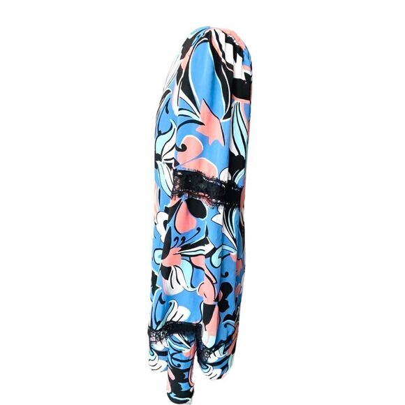 Kari Blue Geometric Abstract Long Sleeve Dress with Lace Sleeve Detail NWOT Size - Picture 1 of 5